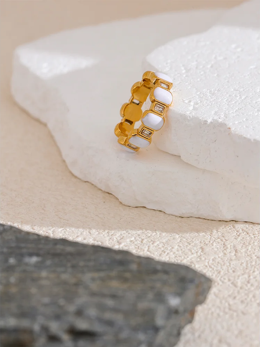 White enamel cubic zircon modern ring - product image