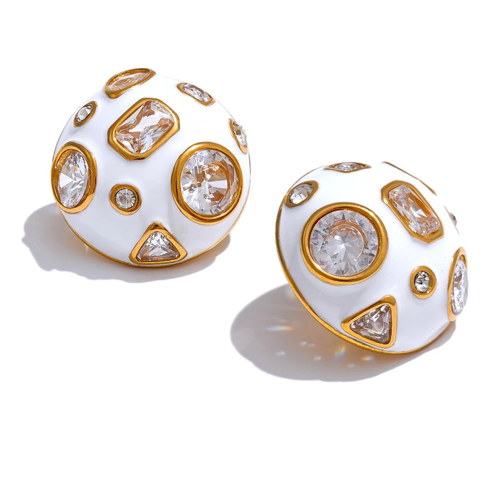 White enamel cubic zirconia minimalist stud earrings - product image