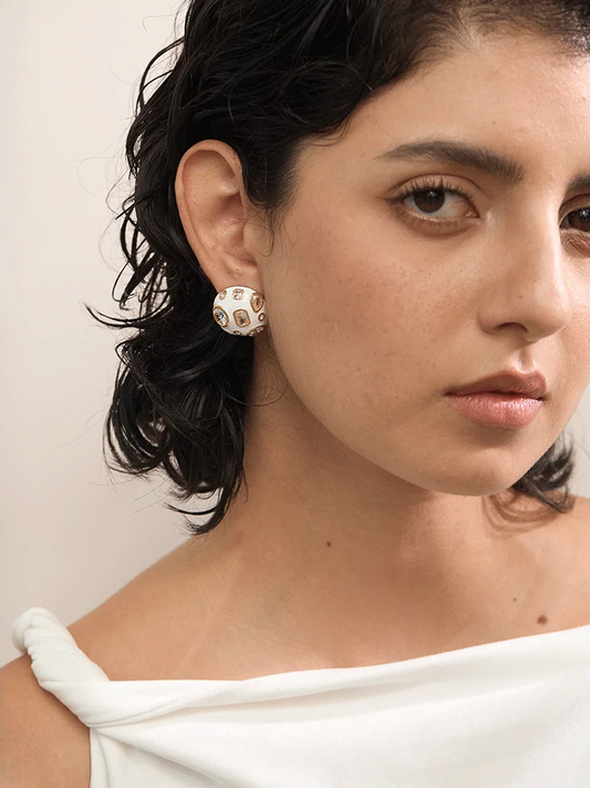 White enamel cubic zirconia minimalist stud earrings - product image