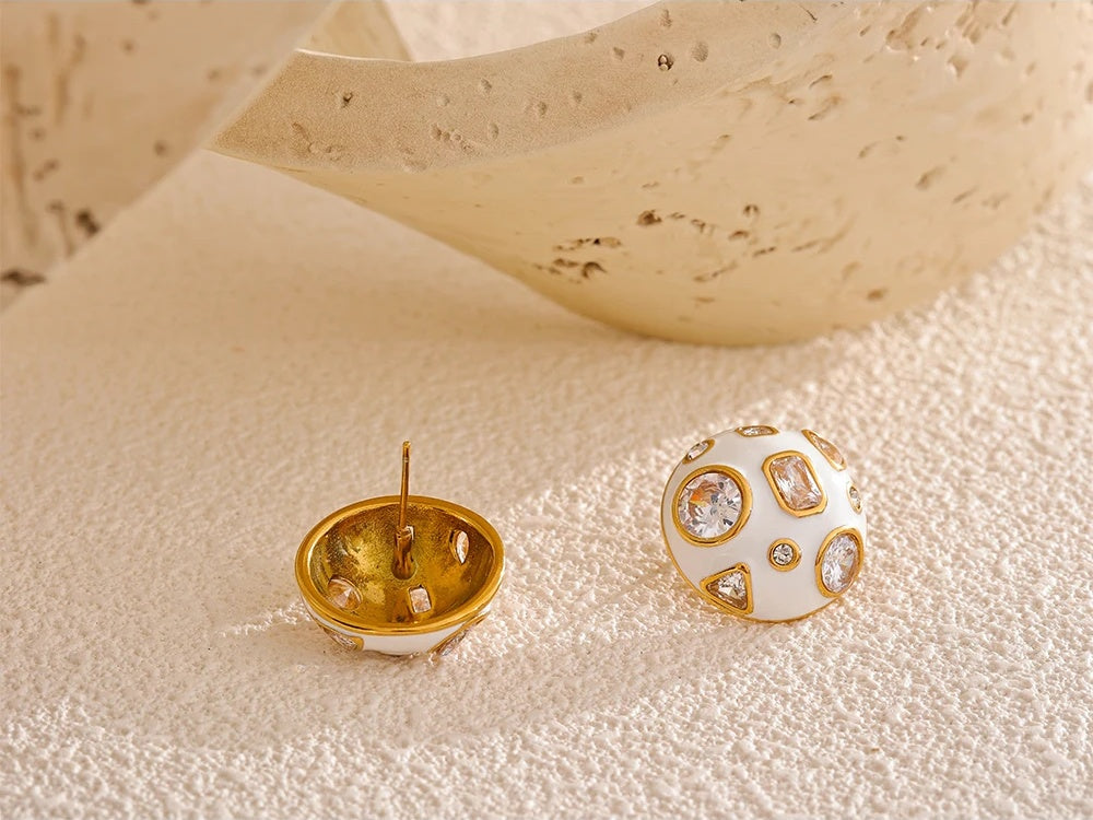 White enamel cubic zirconia minimalist stud earrings - product image