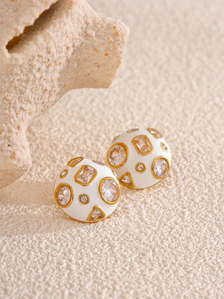 White enamel cubic zirconia minimalist stud earrings - product image