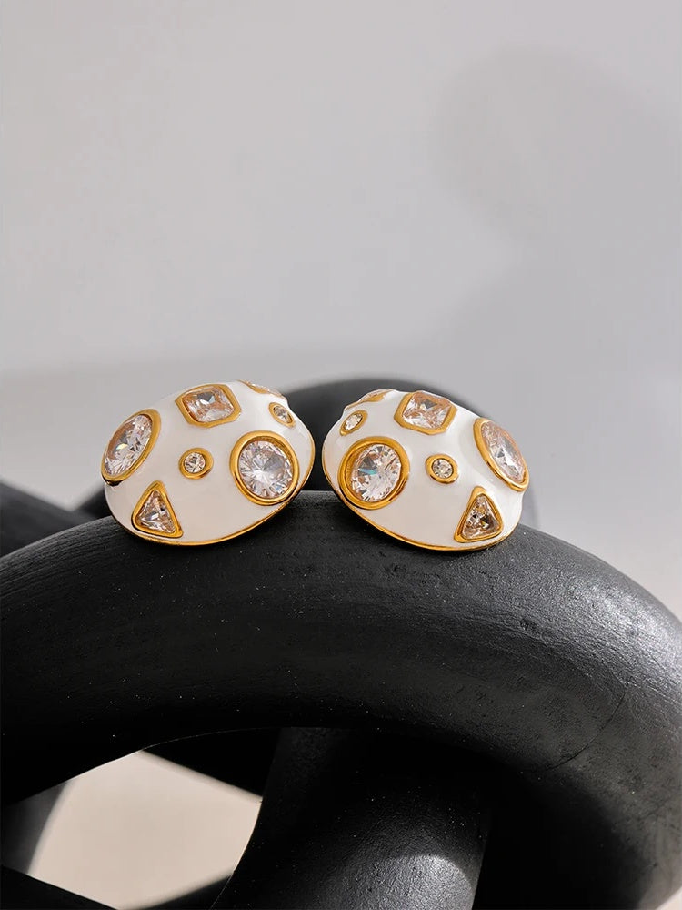 White enamel cubic zirconia minimalist stud earrings - product image