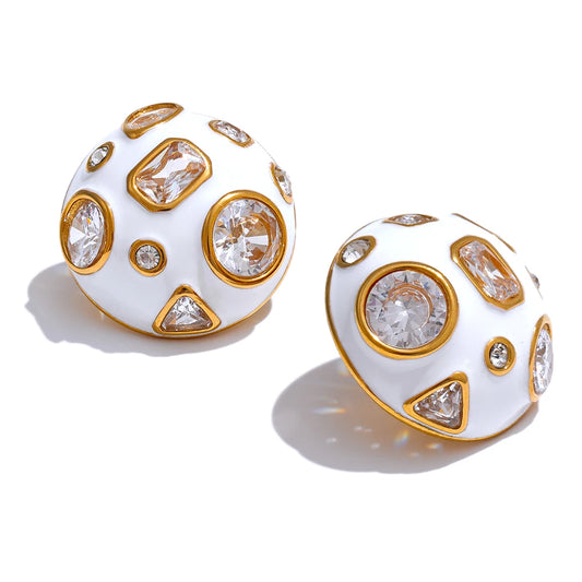 White enamel cubic zirconia minimalist stud earrings - product image