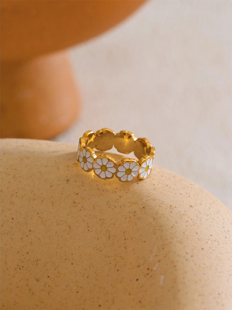 White enamel daisy flower stylish ring - product image