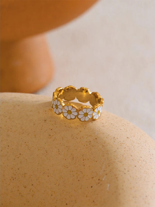 White enamel daisy flower stylish ring - product image