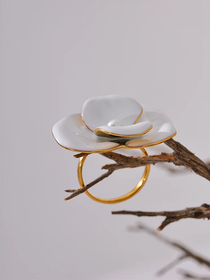 White enamel flower adjustable waterproof women's ring - product image
