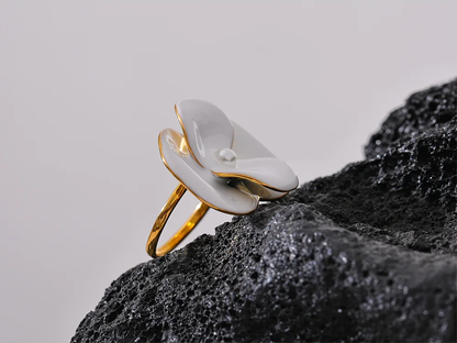 White enamel flower adjustable waterproof women's ring - product image