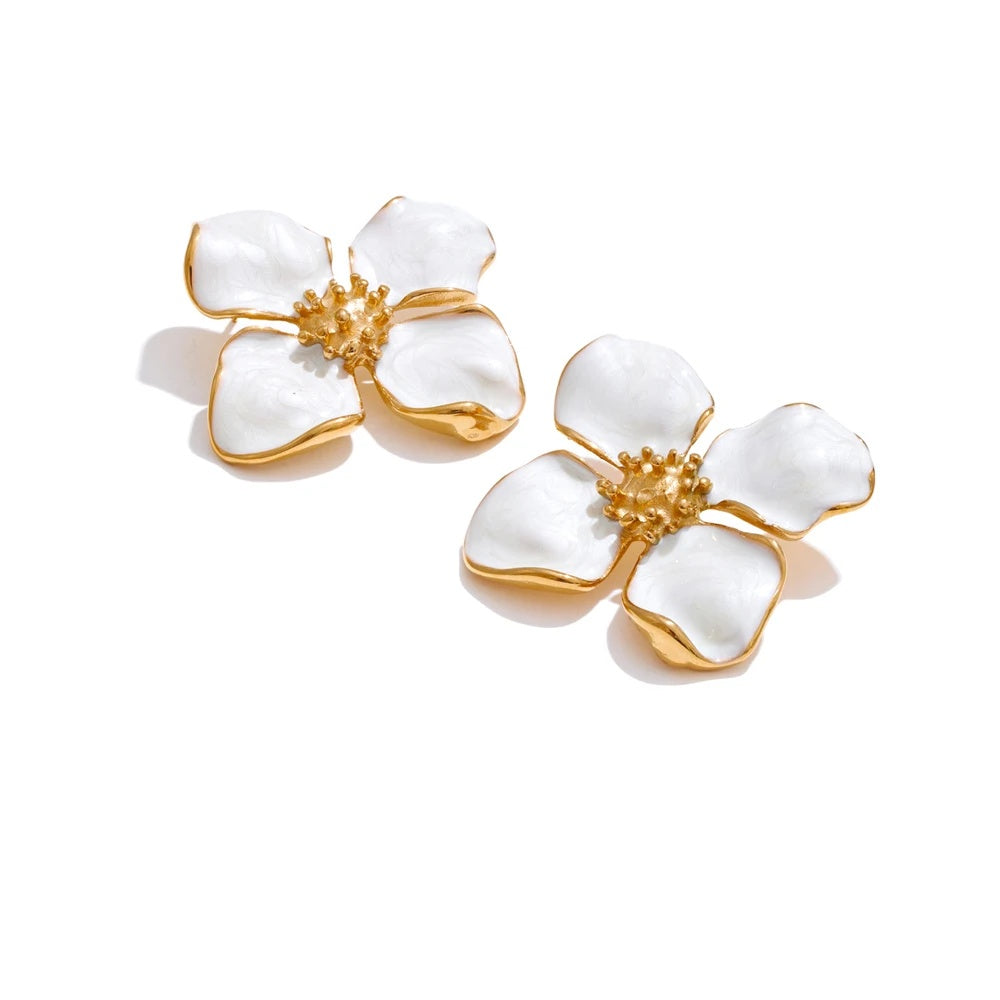 White enamel flower big stud earrings - product image