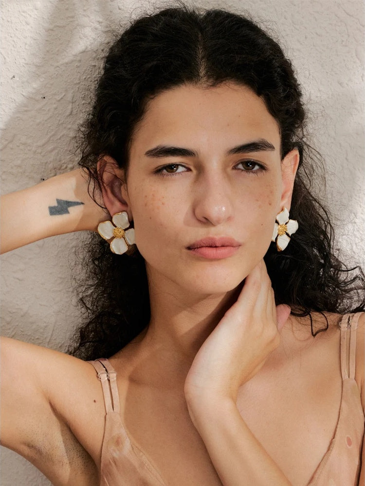 White enamel flower big stud earrings - product image