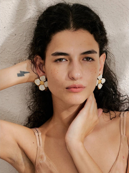 White enamel flower big stud earrings - product image