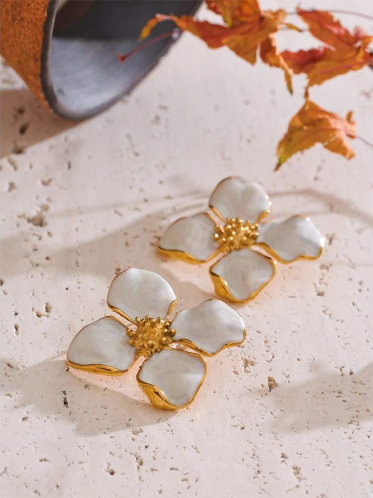 White enamel flower big stud earrings - product image