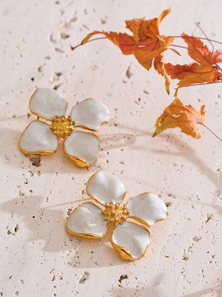 White enamel flower big stud earrings - product image