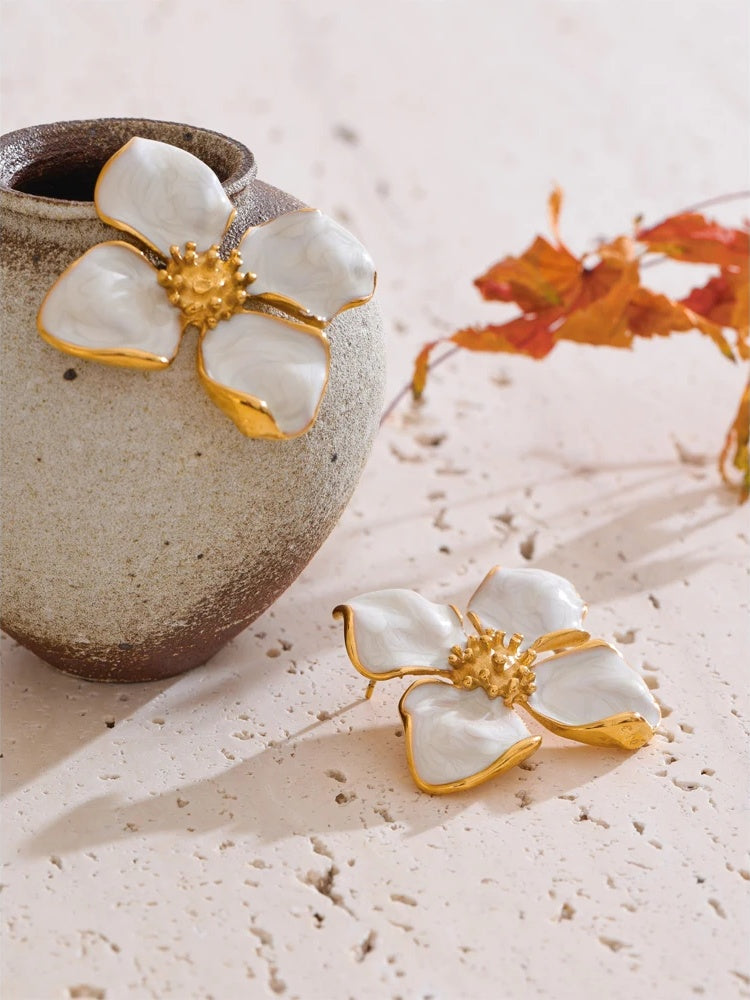 White enamel flower big stud earrings - product image