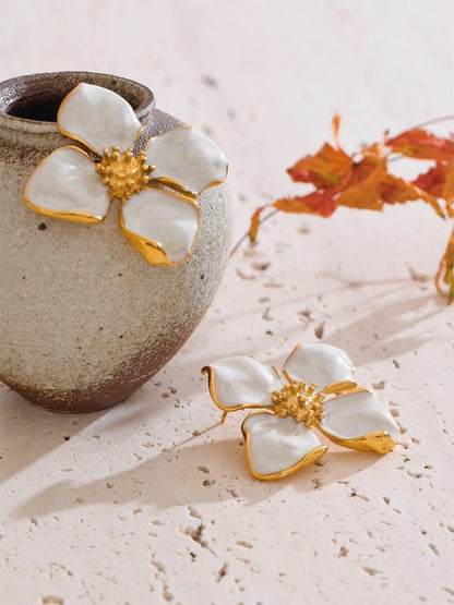 White enamel flower big stud earrings - product image
