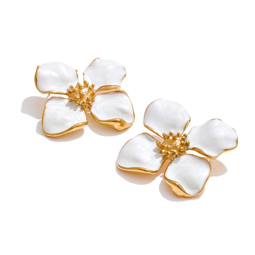 White enamel flower big stud earrings - product image