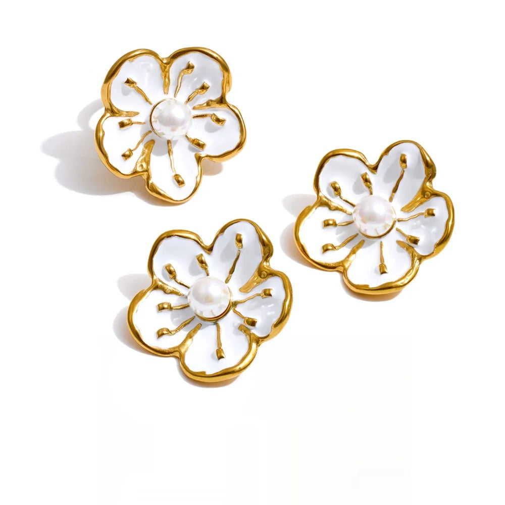White enamel pearl flower earrings ring set - product image