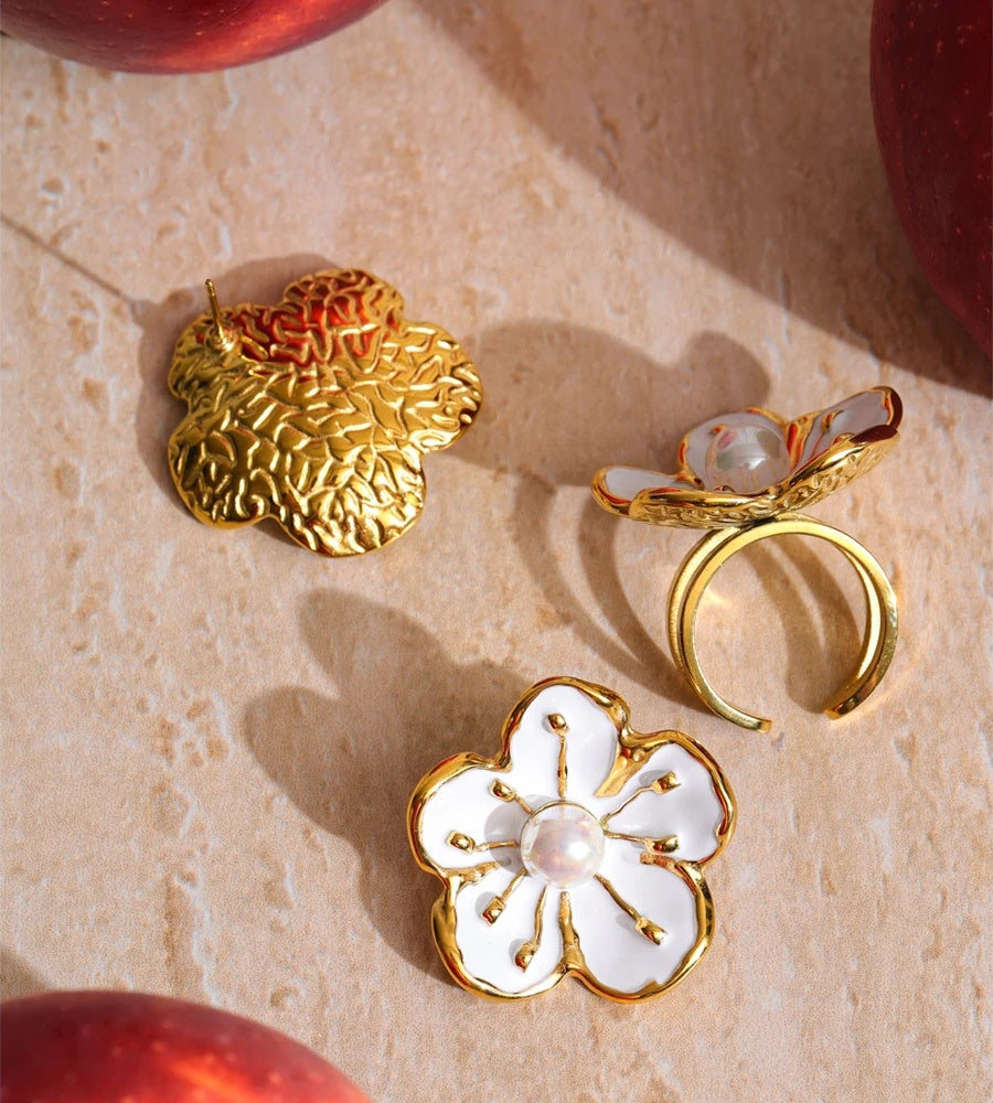 White enamel pearl flower earrings ring set - product image