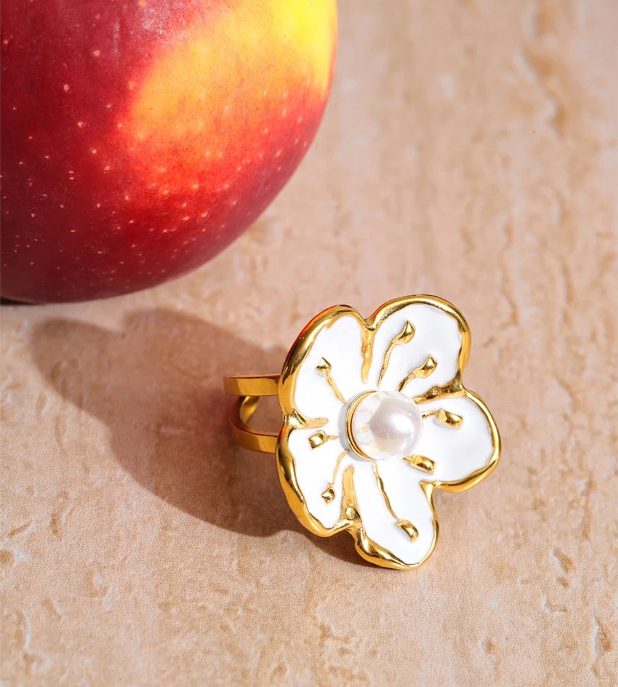 White enamel pearl flower earrings ring set - product image