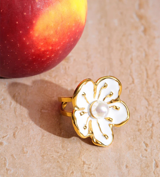 White enamel pearl flower earrings ring set - product image