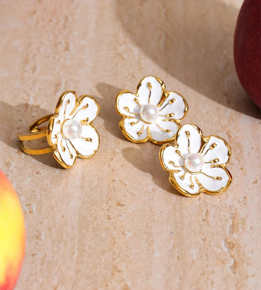 White enamel pearl flower earrings ring set - product image