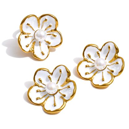 White enamel pearl flower earrings ring set - product image