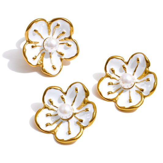 White enamel pearl flower earrings ring set - product image