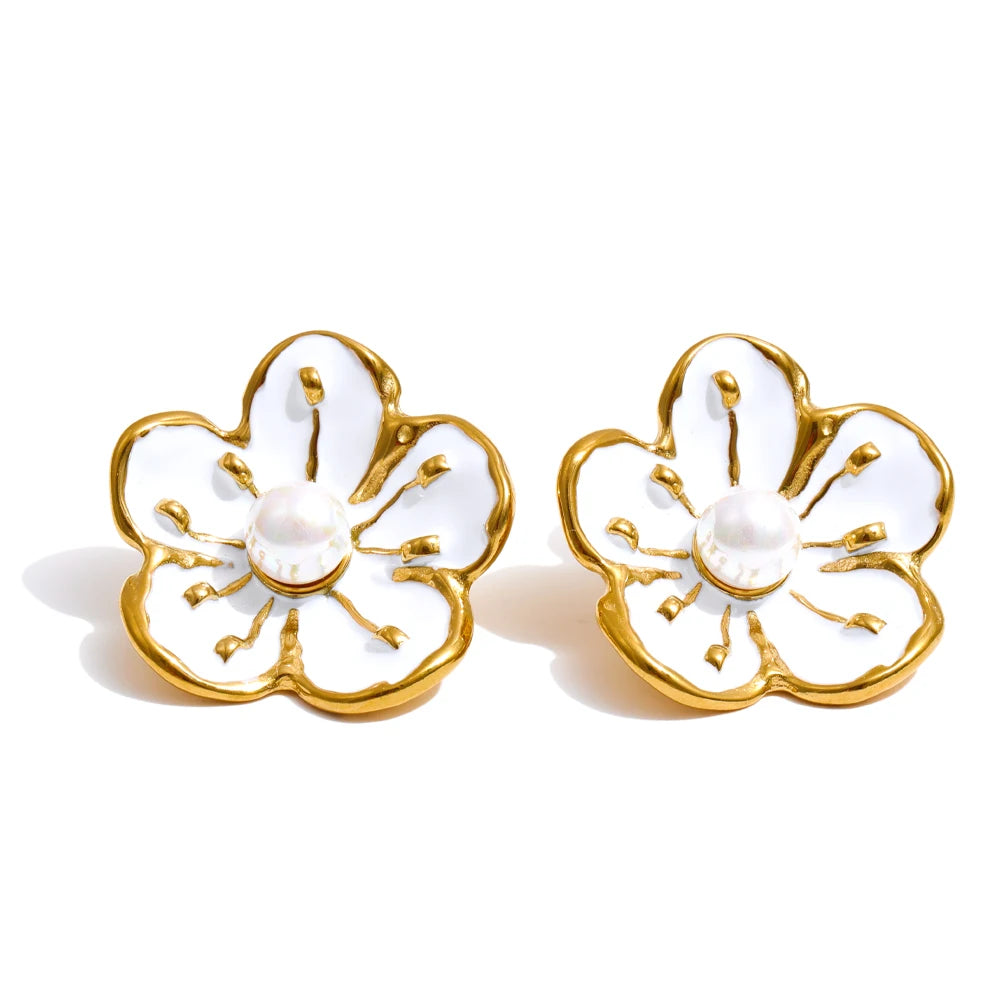 White enamel pearl flower earrings ring set - product image