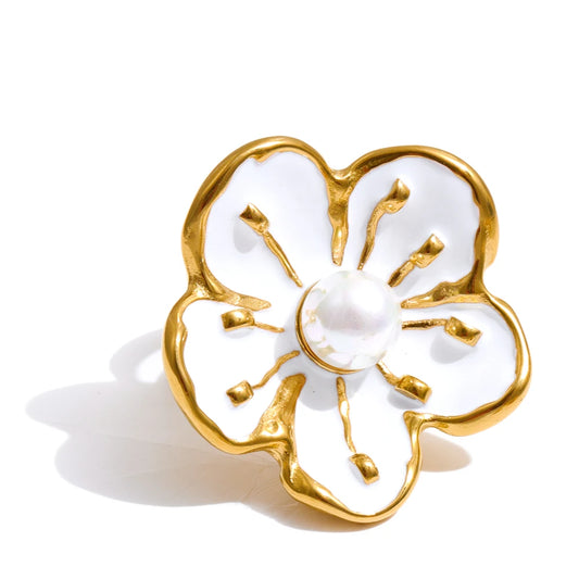 White enamel pearl flower earrings ring set - product image