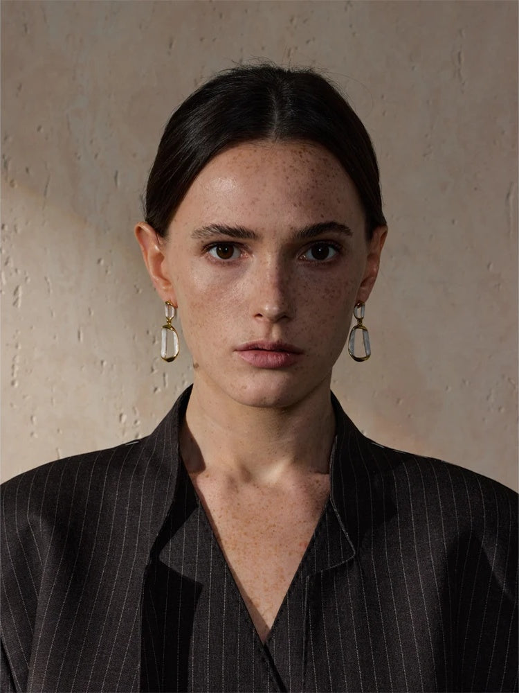 White enamel rectangle hollow drop earrings - product image