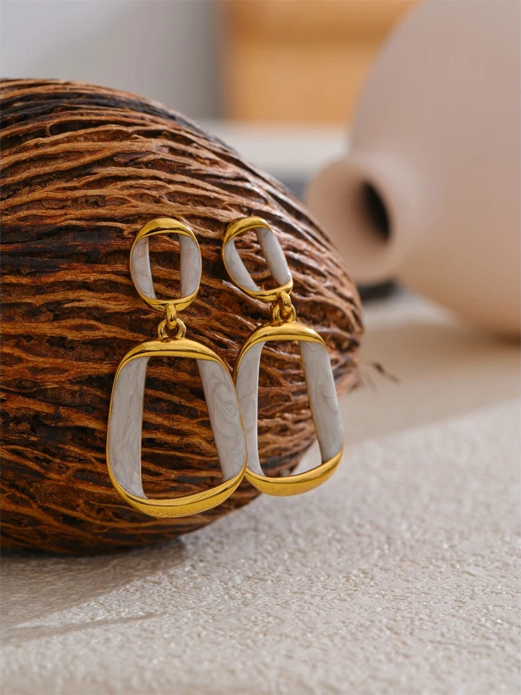 White enamel rectangle hollow drop earrings - product image