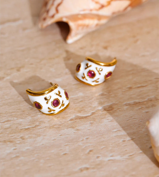 White enamel zirconia c-shape huggie earrings women's - product image