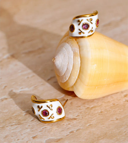 White enamel zirconia c-shape huggie earrings women's - product image