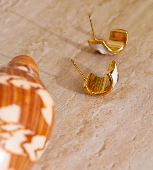 White enamel zirconia c-shape huggie earrings women's - product image