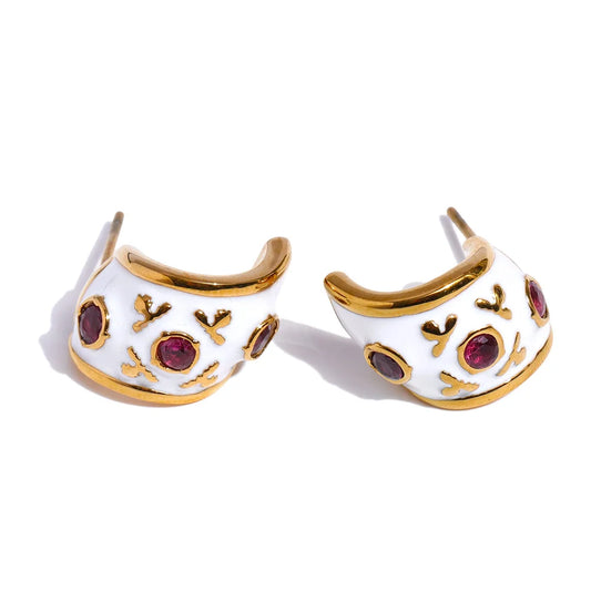 White enamel zirconia c-shape huggie earrings women's - product image