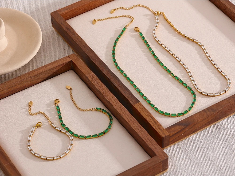 White green cubic zirconia necklace bracelet set - product image