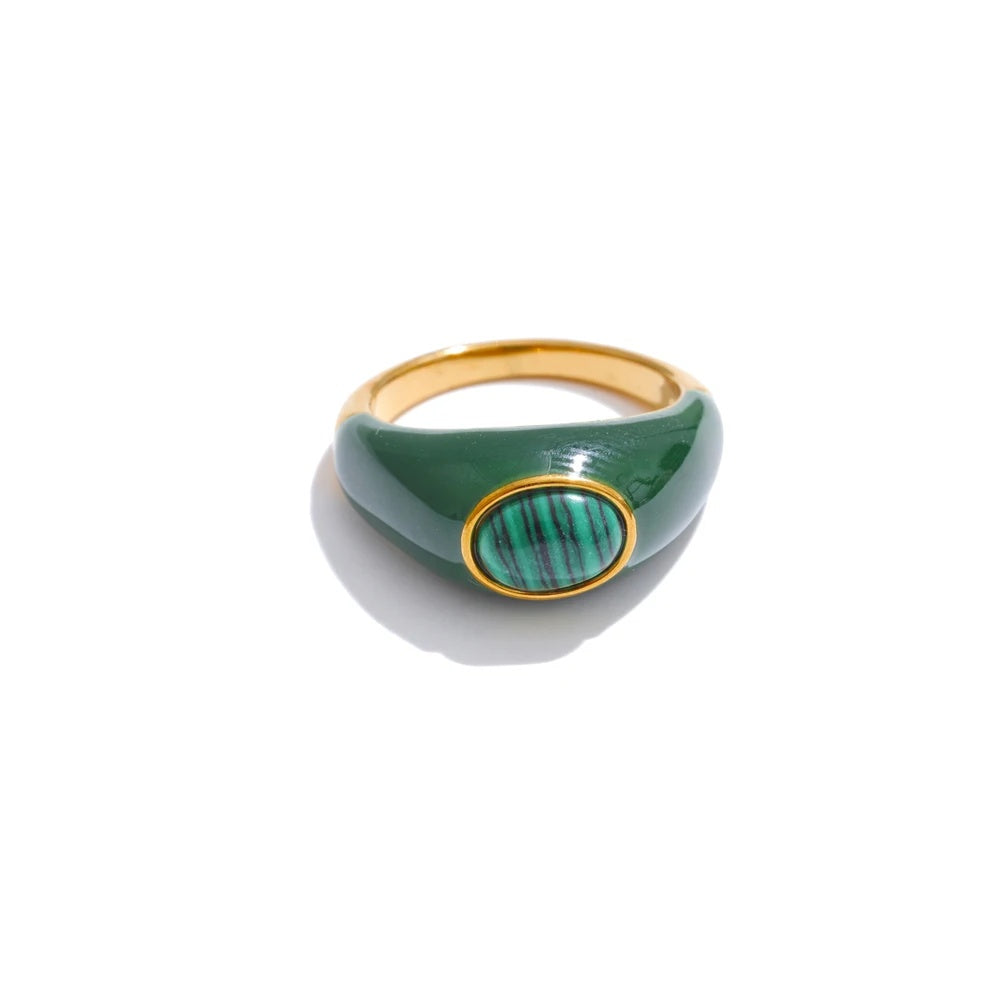 White green enamel natural malachite ring - product image