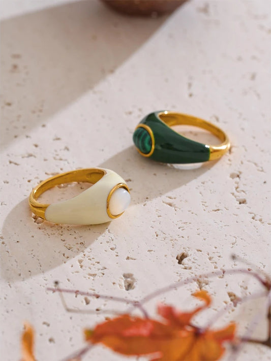 White green enamel natural malachite ring - product image