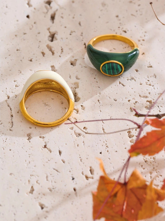 White green enamel natural malachite ring - product image