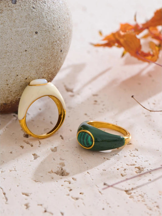 White green enamel natural malachite ring - product image