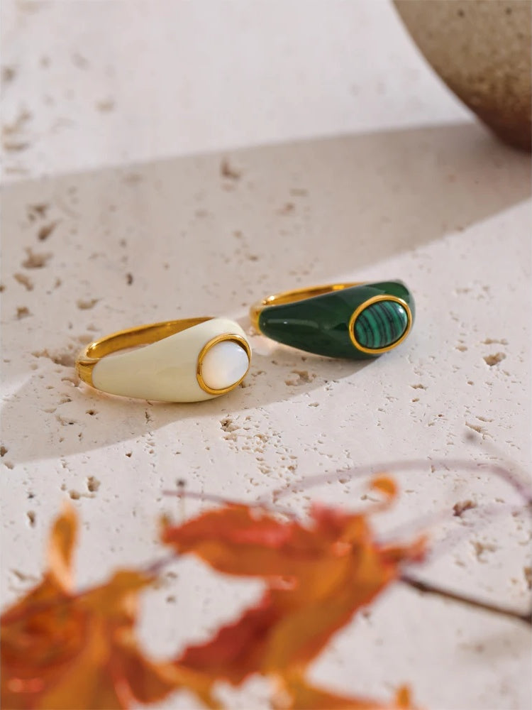 White green enamel natural malachite ring - product image