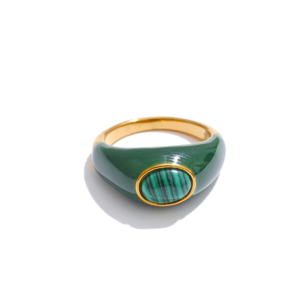White green enamel natural malachite ring - product image