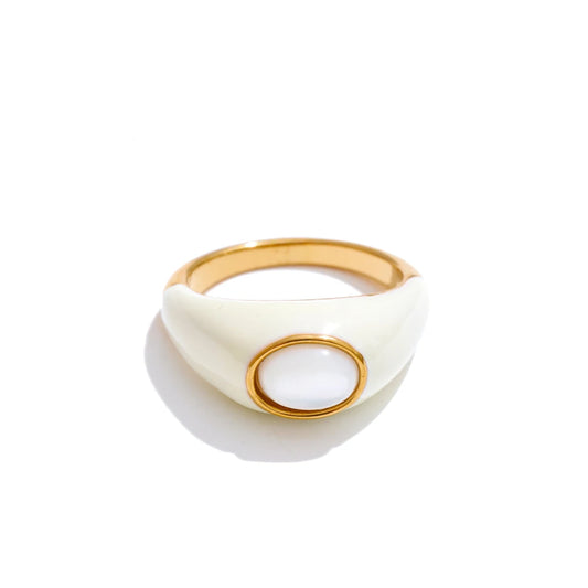 White green enamel natural malachite ring - product image
