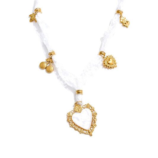 White lace cherry heart shell pendant necklace - product image