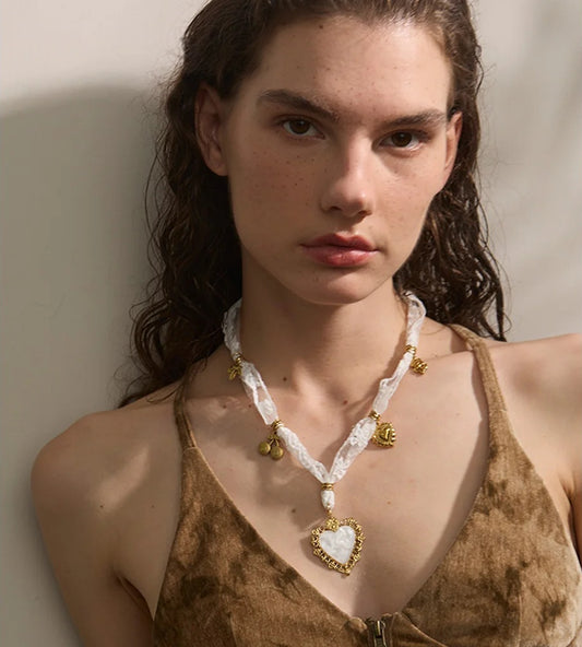 White lace cherry heart shell pendant necklace - product image