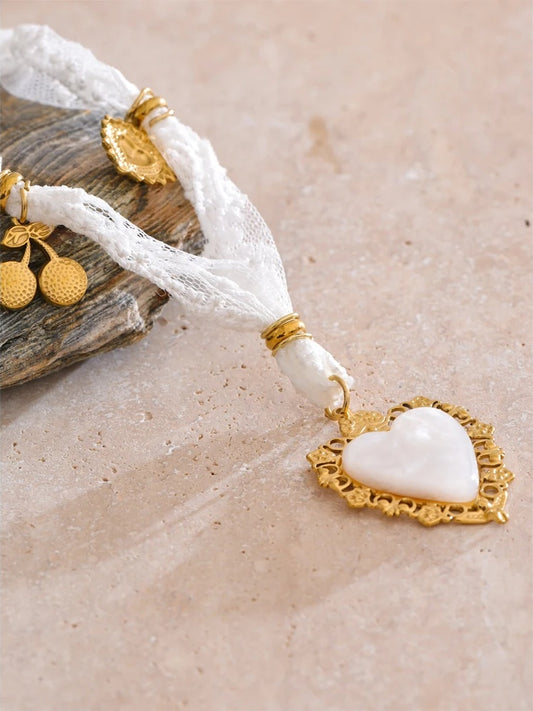 White lace cherry heart shell pendant necklace - product image