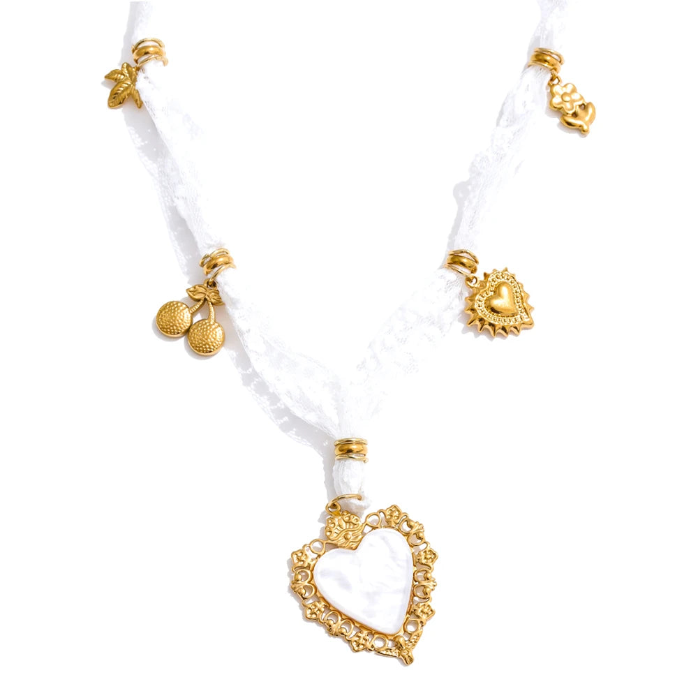 White lace cherry heart shell pendant necklace - product image