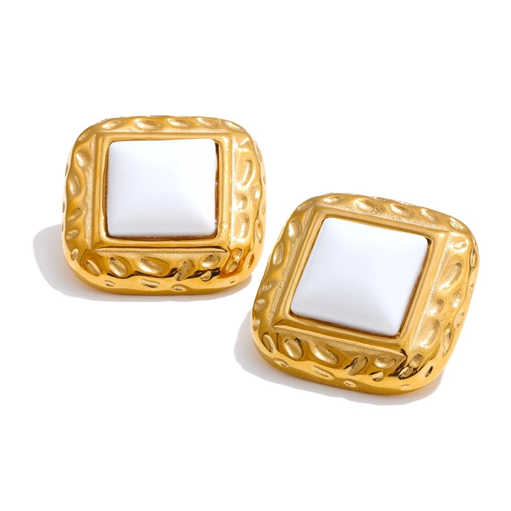 White natural stone square stud earrings - product image