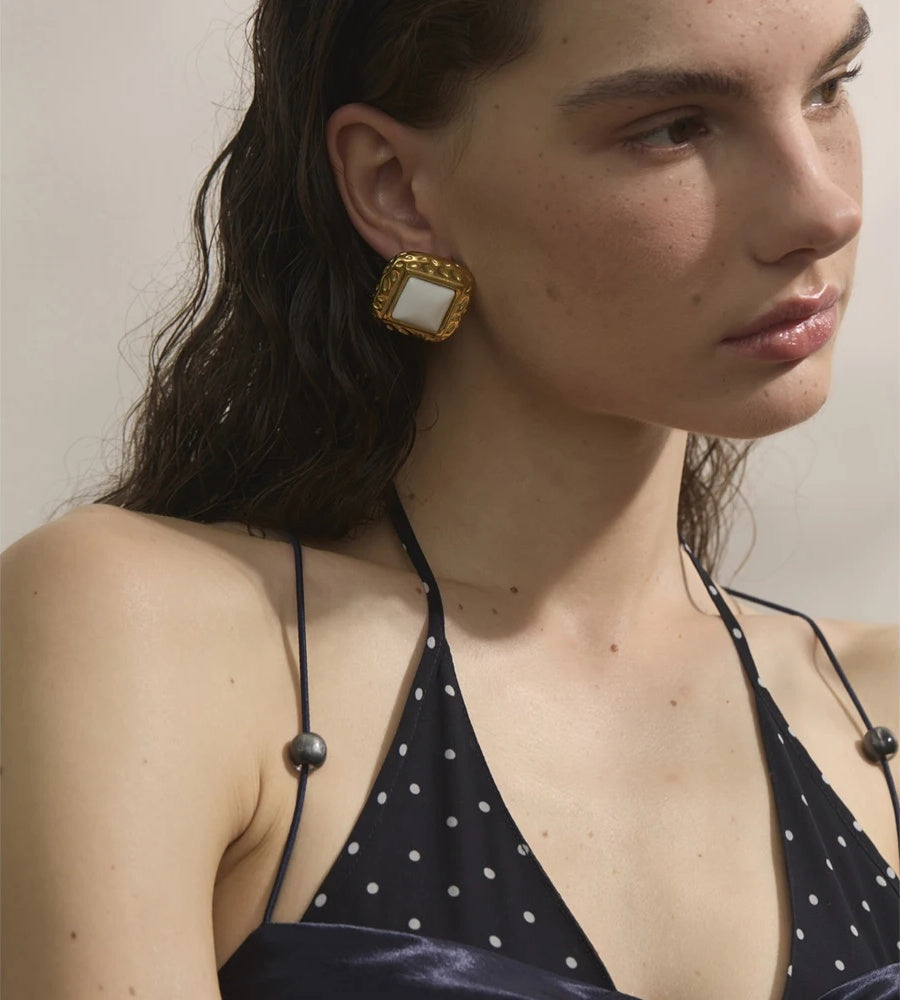 White natural stone square stud earrings - product image