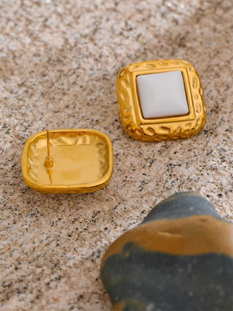White natural stone square stud earrings - product image