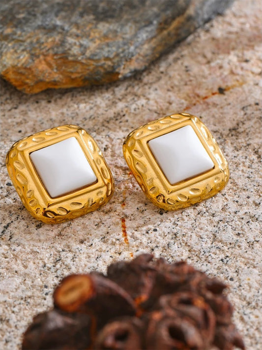 White natural stone square stud earrings - product image